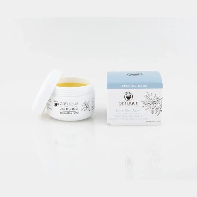 Odylique Baume Ultra Riche 50g – pot ouvert avec boîte