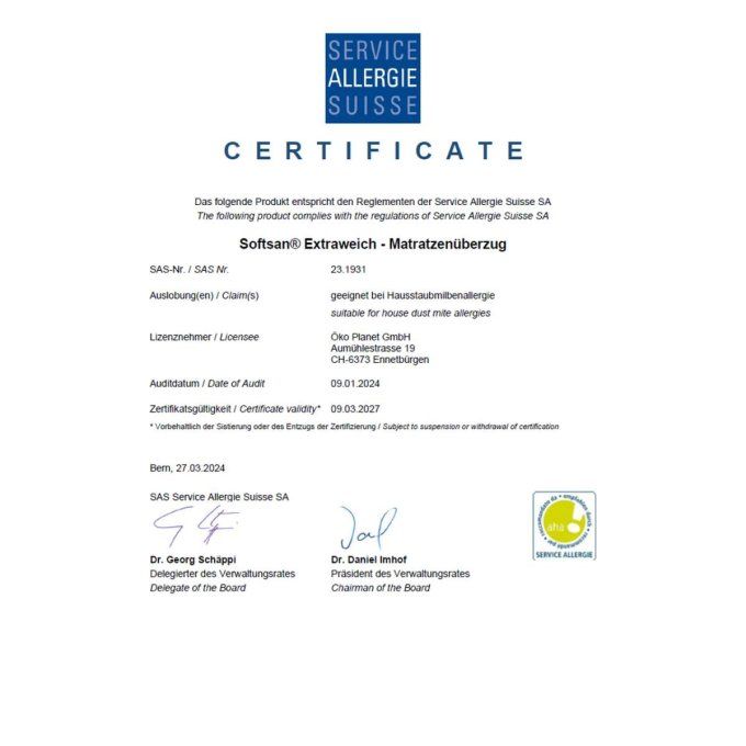 Certificat Service Allergie Suisse - Softsan Extra Doux