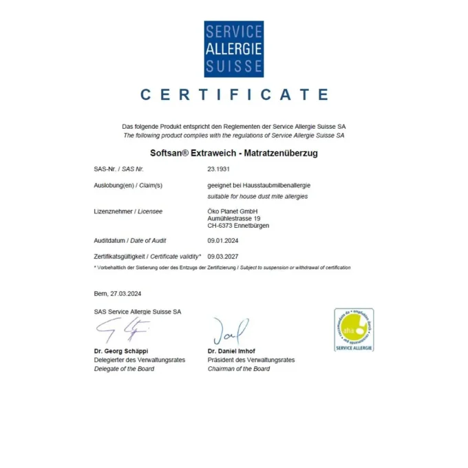 Certificat Service Allergie Suisse Softsan Extra Doux matelas – valide 2027