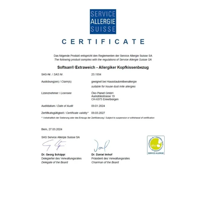 Certificat Service Allergie Suisse Softsan Extra Doux oreiller – valide 2027