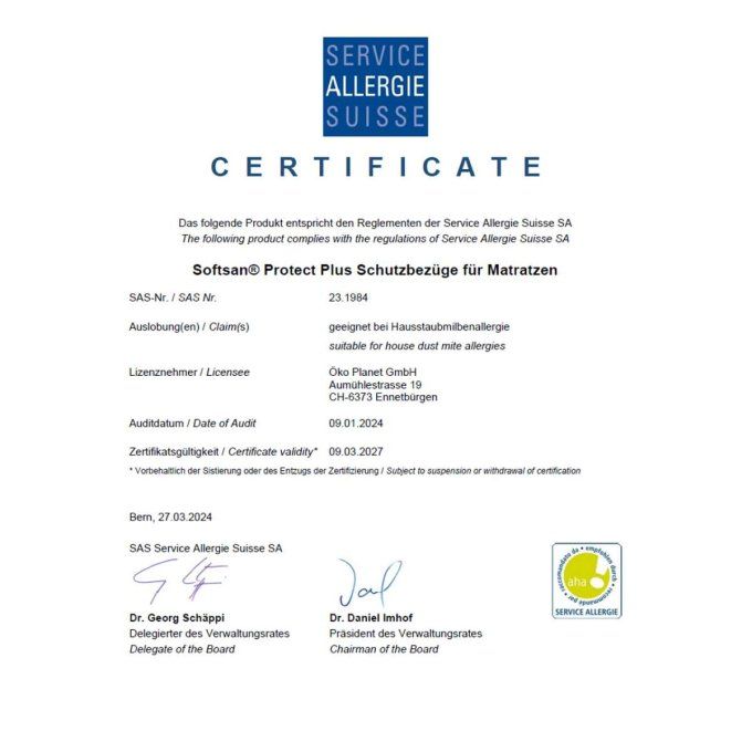 Certificat Service Allergie Suisse - Softsan Protect Plus