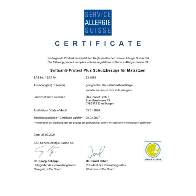 Certificat Service Allergie Suisse Softsan Protect Plus valide jusqu'en 2027