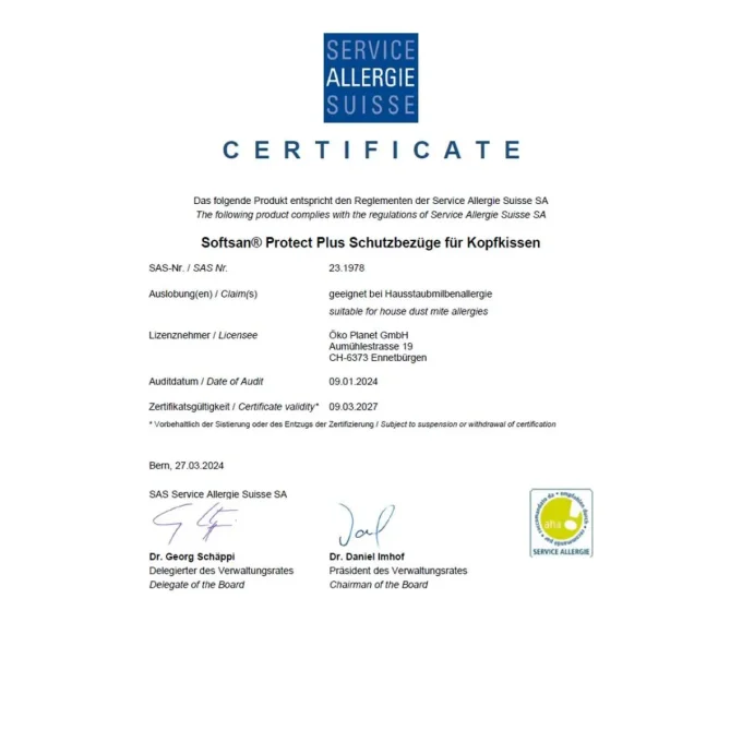 Certificat Service Allergie Suisse Softsan Protect Plus oreiller – valide 2027