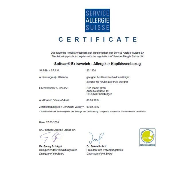 Certificat Service Allergie Suisse pour la housse anti-acariens d’oreiller Softsan Extra Doux