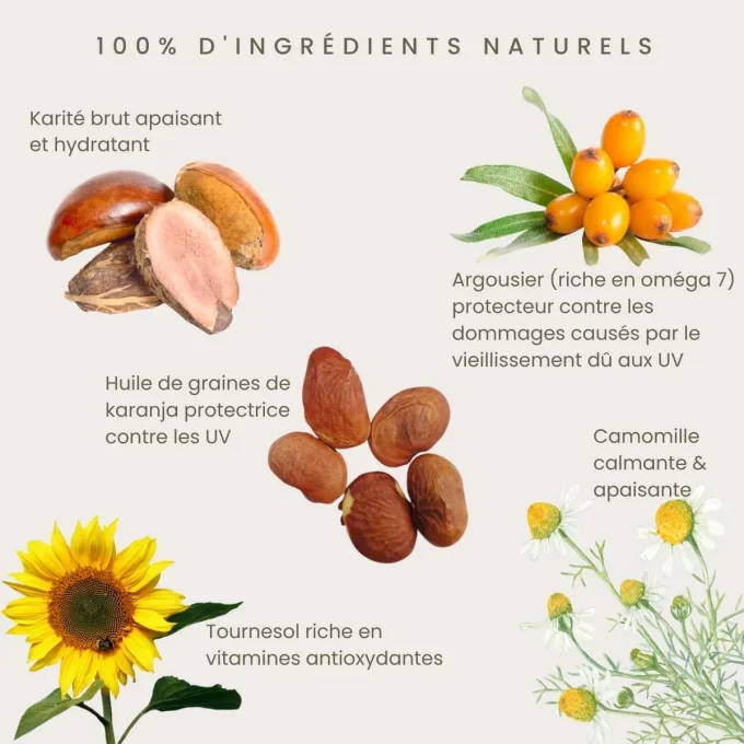 Ingrédients naturels SPF30 – Karité, Argousier, Karanja, Tournesol, Camomille