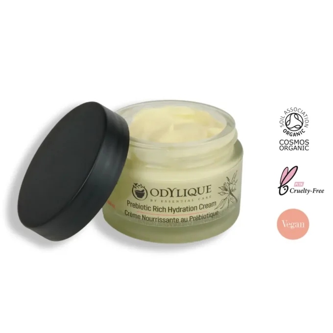 Odylique Crème Nourrissante au Prébiotique 50ml ouverte – certifiée bio, vegan, cruelty-free