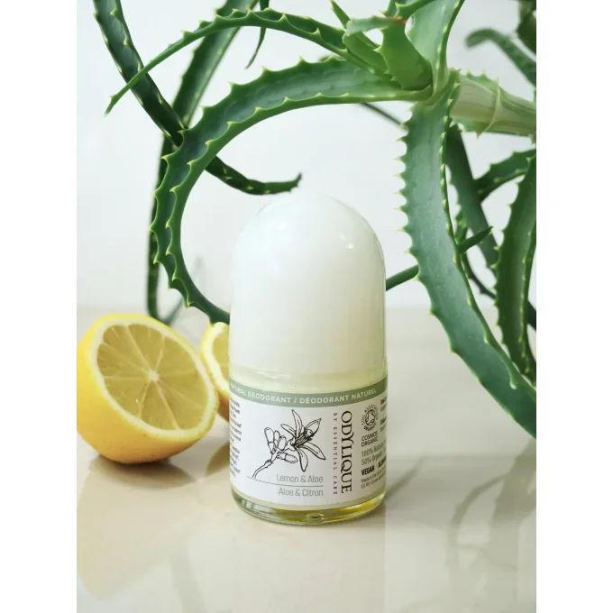 Roll-on Déodorant Naturel Aloe & Citron Odylique fond blanc vue de face