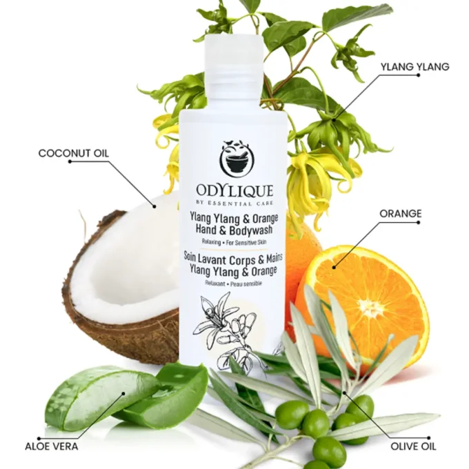 Odylique Gel Douche Ylang-Ylang & Orange Bio – ingrédients coco, aloe vera, ylang ylang, orange, oli
