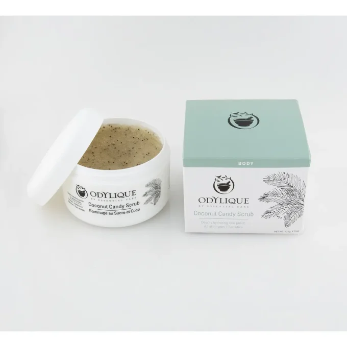Odylique Gommage au Sucre et Coco Bio 175g – vue dessus pot ouvert avec texture gommage