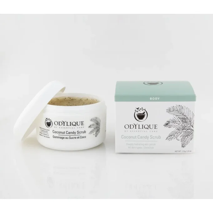Odylique Gommage au Sucre et Coco Bio 175g – pot ouvert texture gommage et boîte