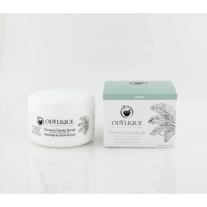 Odylique Gommage au Sucre et Coco Bio 175g – pot fermé et boîte Body fond blanc