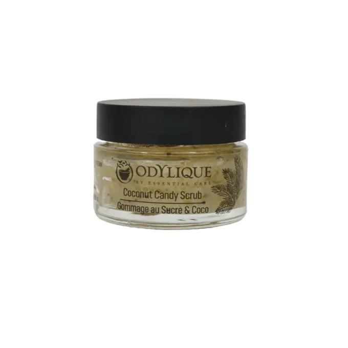 Odylique Gommage au Sucre et Coco Bio 30g – pot verre fond blanc, couvercle noir
