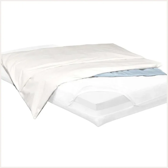 Housse anti-acariens couette Softsan® Protect Plus entrouverte sur une couette, sur un lit