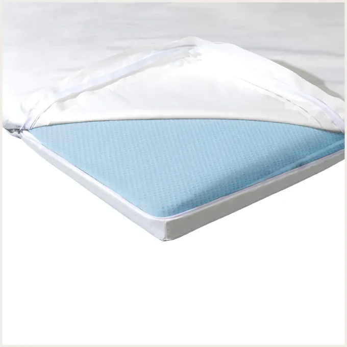Housse anti-acariens surmatelas Softsan® Protect Plus ouverte sur un surmatelas, fermeture éclair