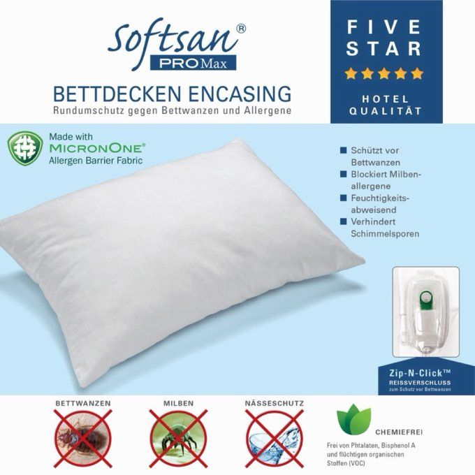 Housse d’oreiller Softsan ProMAX anti-punaises de lit avec fermeture éclair et barrière anti-allergè