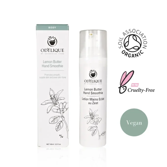 Odylique Lotion Mains Éclat au Zest 60ml – flacon et boîte, certifié bio, vegan, cruelty-free