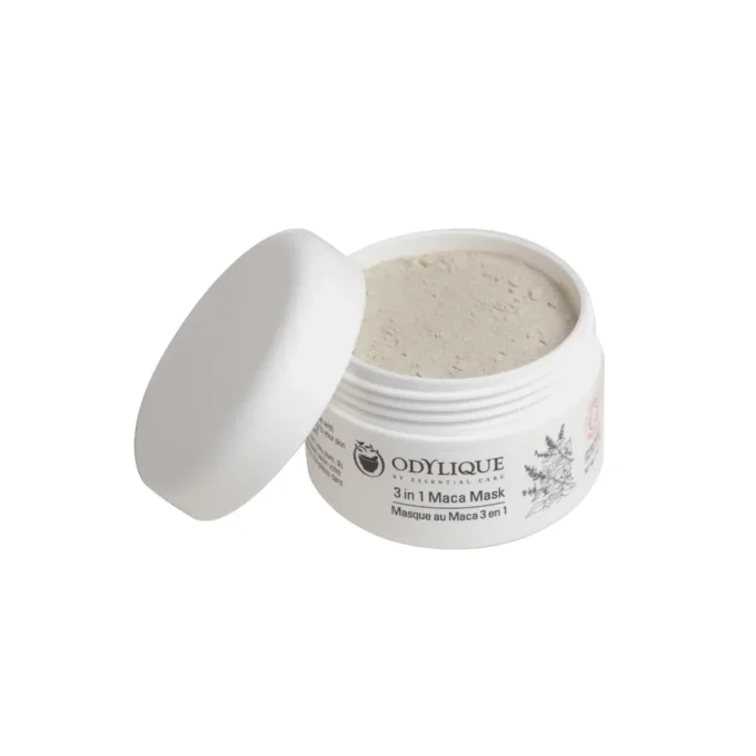 Odylique Masque au Maca 3 en 1 48g – pot ouvert avec poudre d'argile beige