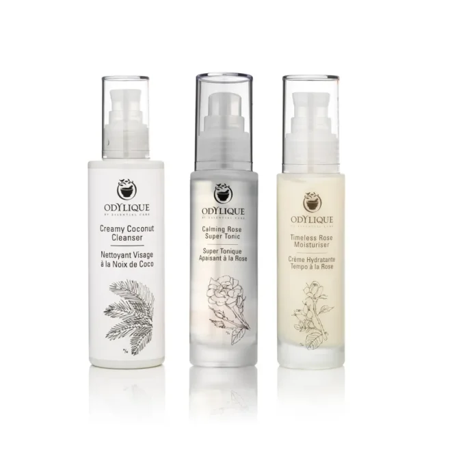 Odylique gamme Rose – nettoyant noix de coco, tonique apaisant et crème hydratante