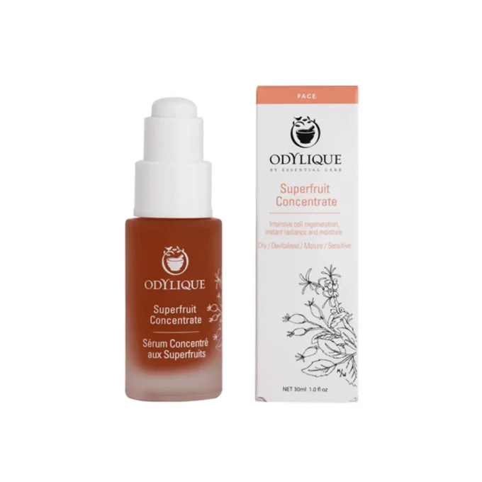 Odylique Sérum Concentré aux Superfruits 30ml – flacon et boîte fond blanc