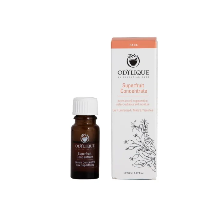 Odylique Sérum Concentré aux Superfruits 8ml – flacon et boîte format voyage