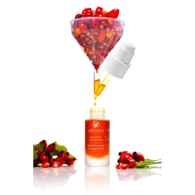 Odylique Sérum Concentré aux Superfruits – flacon pipette entouré de cynorhodons frais