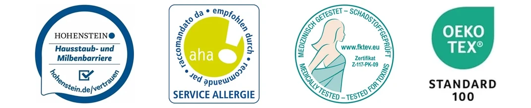 Labels Softsan® : Hohenstein Barrière poussière domestique et acariens, aha! Service Allergie Suisse, FKT, OEKO-TEX® Standard 100