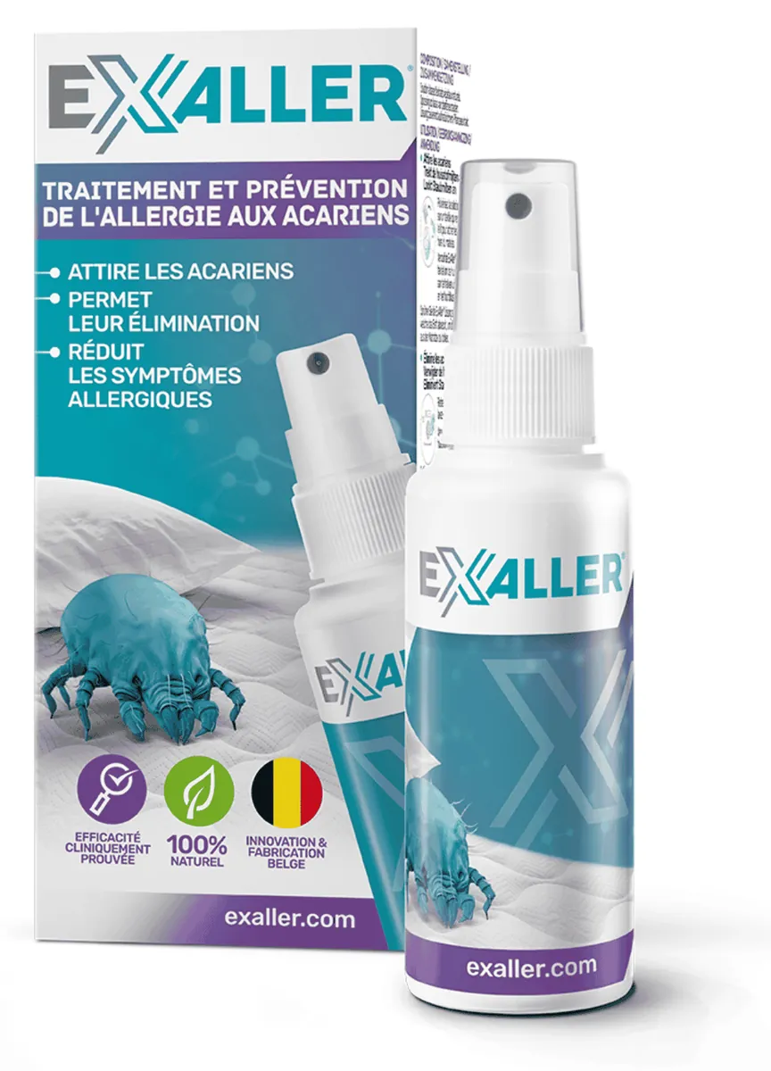 Flacon et boîte du spray anti-acariens naturel ExAller 150 ml