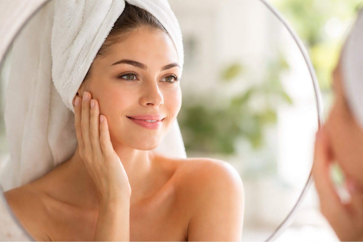 Tonique visage apaisant bio pour peau sensible – femme appliquant sa routine soin visage naturelle devant un miroir