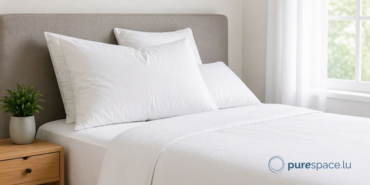 Lit avec oreillers et housse de couette blanche hypoallergénique dans une chambre lumineuse et épurée
