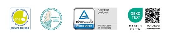 Labels Softsan : aha! Service Allergie, test dermatologique, TÜV Rheinland, OEKO-TEX Made in Green